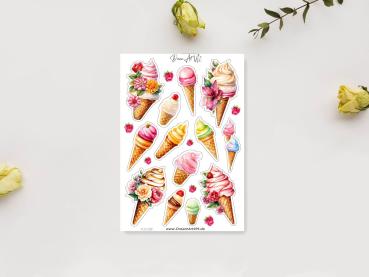 Aufkleber-Set mit verschiedenen Eiscreme-Motiven, darunter Eistüten mit Blumen und Früchten, gestaltet von DreamArt VM, präsentiert auf einem weißen Hintergrund mit gelben Rosen.